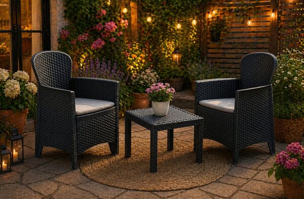 AKITA Balkon kerti garnitúra szett antracit szürke asztal 59x46x40 cm 2 db fotel 59x57x85.5 cm