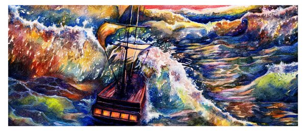 Kép - Hajó az óceán hullámain, aquarel (120x50 cm)