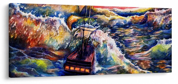 Kép - Hajó az óceán hullámain, aquarel (120x50 cm)
