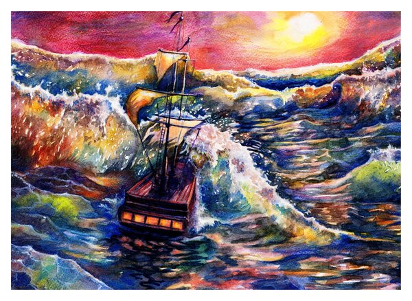 Kép - Hajó az óceán hullámain, aquarel (70x50 cm)