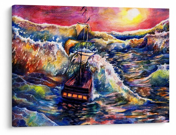 Kép - Hajó az óceán hullámain, aquarel (70x50 cm)