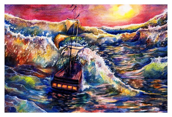 Kép - Hajó az óceán hullámain, aquarel (90x60 cm)