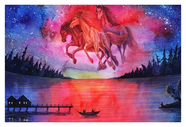 Kép - Űrlovak jelenése a tó felett, aquarel (90x60 cm)