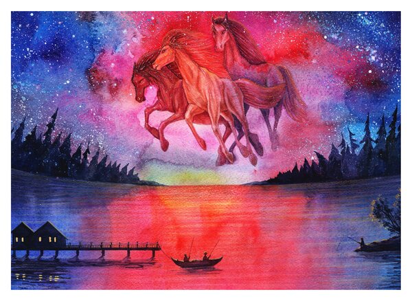 Kép - Űrlovak jelenése a tó felett, aquarel (70x50 cm)