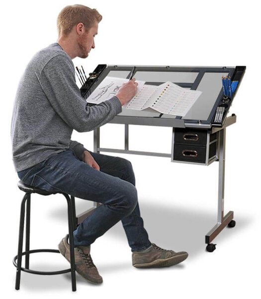 Tervező asztal dönthető,üveg asztallappal