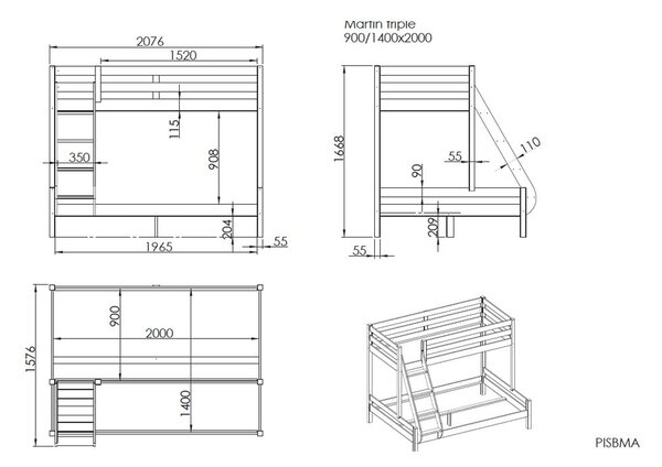 Pino Martin fehér borovi fenyő emeletes gyerekágy 140x200/90x200 cm - Vipack