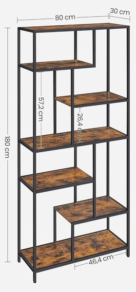 Könyvespolc, 6 szintes könyvespolc 30 x 80 x 180 cm, rusztikus barna és fekete