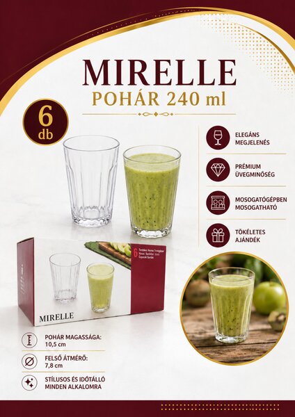 Mirelle bordázott üdítős és vizespohár készlet 6 db-os 240 ml