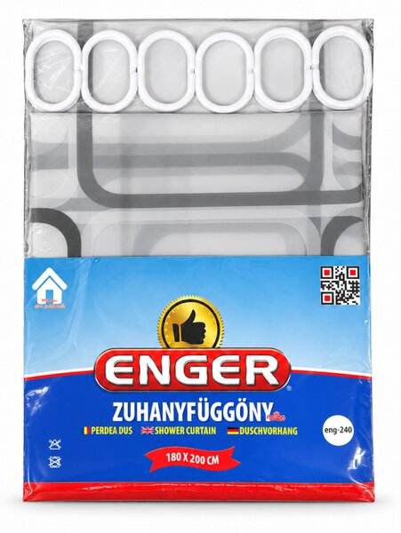 ENGER Zuhanyfüggöny szürke téglalap mintával 180x200 cm