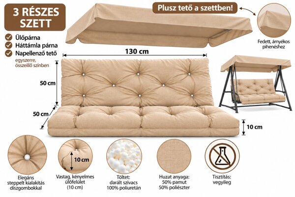 Hintaágy párna 130 cm 3 részes Bézs