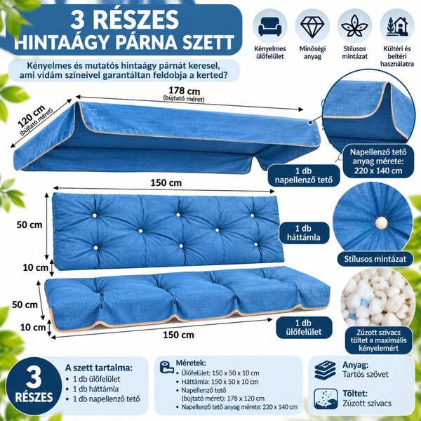 Hintaágy párna 150 cm 3 részes kék