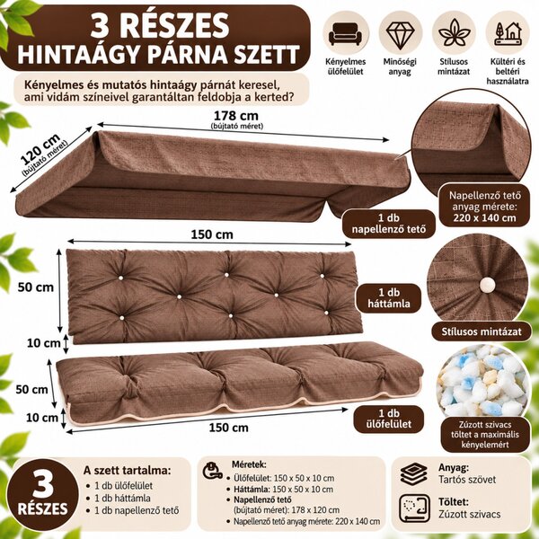 Hintaágy párna 150 cm 3 részes barna