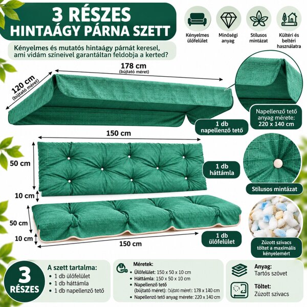 Hintaágy párna 150 cm 3 részes zöld