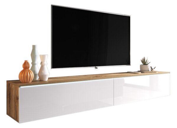MENDES D 180 TV asztal, 180x30x32, tölgy wotan/fehér fényes + LED