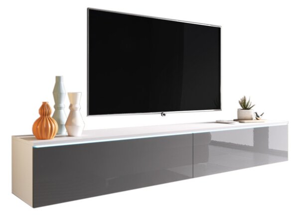 MENDES D 180 TV asztal, 180x30x32, fehér/szürke fényű + LED