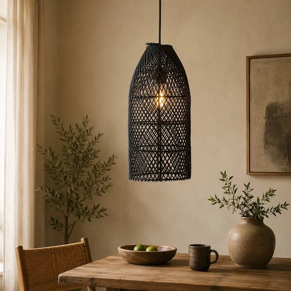 Ibiza Noire kézzel készült fekete rattan lámpabúra – 19 × 19 × 43 cm
