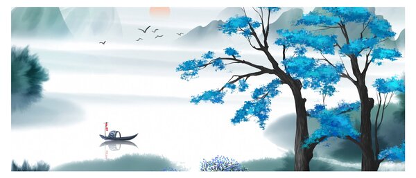 Kép - festett tó csónakkal (120x50 cm)