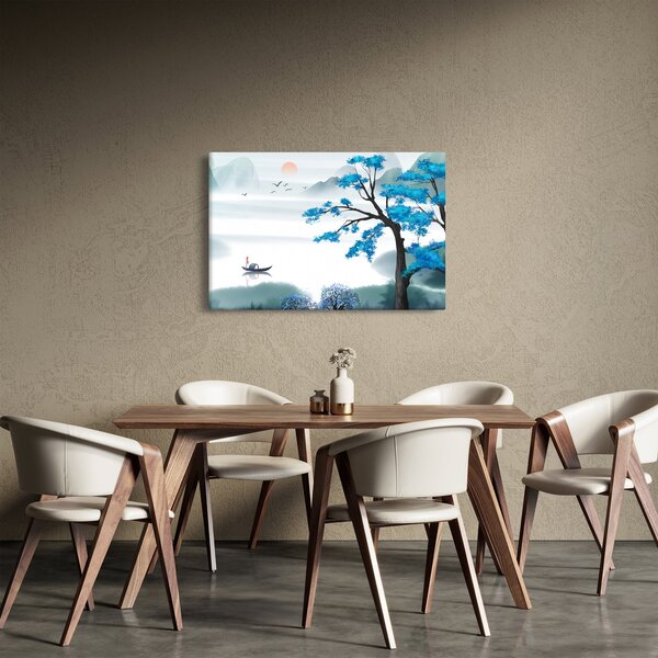 Kép - festett tó csónakkal (90x60 cm)