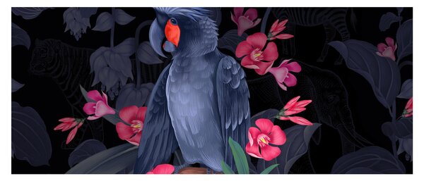 Kép - papagáj a virágok között (120x50 cm)