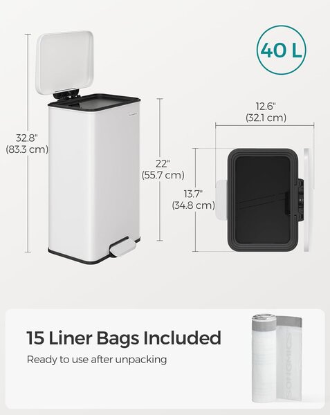 Konyhai Szemetes 40L, Nagy pedálos kuka 15 szemeteszsák mellékelve, Fehér