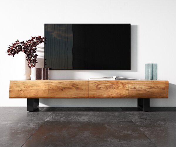 DELIFE TV szekrény New Live-Edge 175 cm akác természetes 4 ajtós fém vékony láb fekete