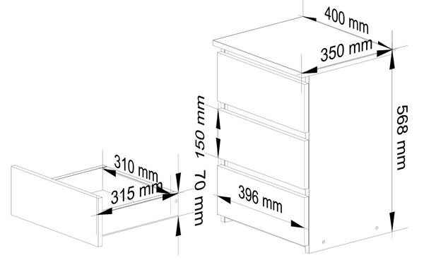 AKORD CLP CL3/40 Éjjeliszekrény Laminált Kaszmir / Artisan Tölgy 3 Fiókos
