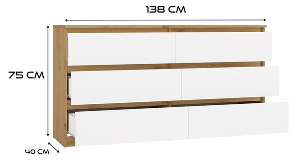 Aldabra M6 140 fiókos szekrény, 138x75x40 cm, tölgy-fehér