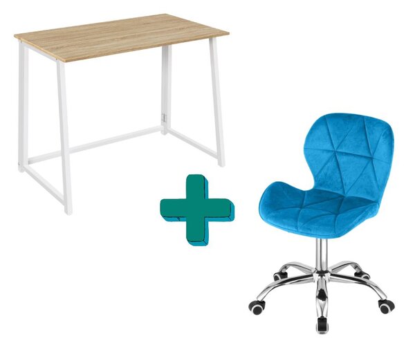 Dolgozószobai szett – összecsukható íróasztal ZARIMO 80×40 cm fehér + irodai szék AVOLA VELVET kék