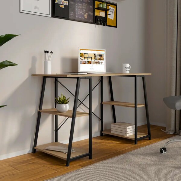 Intenso Home polcos íróasztal / számítógépasztal 120x50cm | Masszív fém váz, fekete - aranytölgy szín