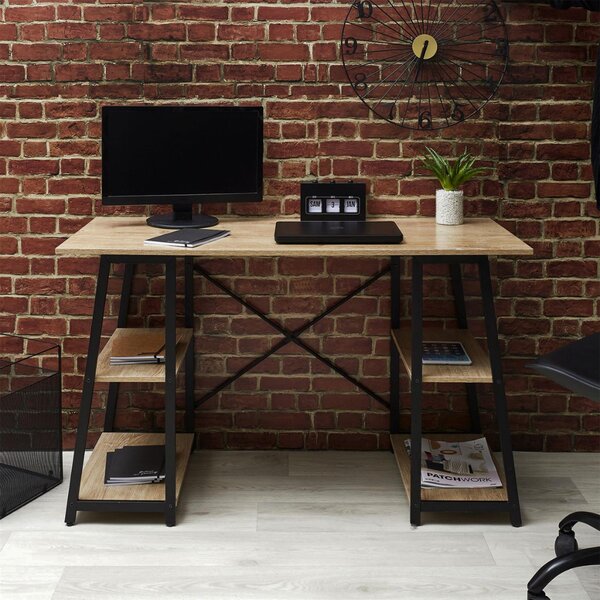 Intenso Home polcos íróasztal / számítógépasztal 120x50cm | Masszív fém váz, fekete - aranytölgy szín