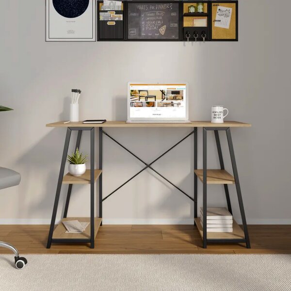Intenso Home polcos íróasztal / számítógépasztal 120x50cm | Masszív fém váz, fekete - aranytölgy szín