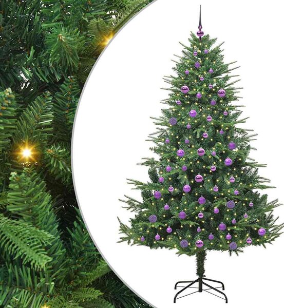 Műfenyő világítással és gömbkészlettel Zöld 210 cm PVC és PE