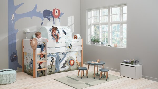 Flexa NOR Magas emeletes ágy 200, fehér, tölgyfa lábbal - egyenes létrával