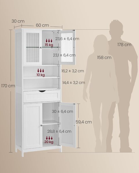 VASAGLE Fürdőszobaszekrény Állítható Polcokkal és Fiókkal, Felhőfehér