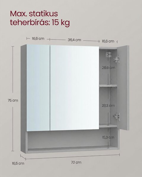 VASAGLE KAILYN tükrös fürdőszobaszekrény, 70 cm, galambszürke