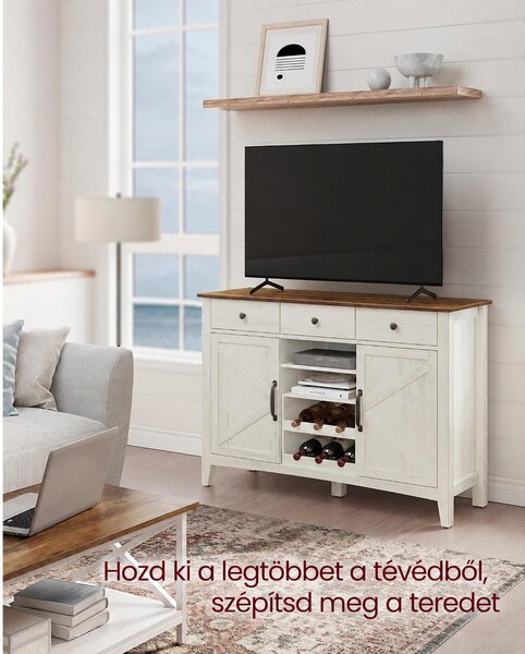 VASAGLE LIRY tálalószekrény 3 fiókkal, fehér–mézbarna