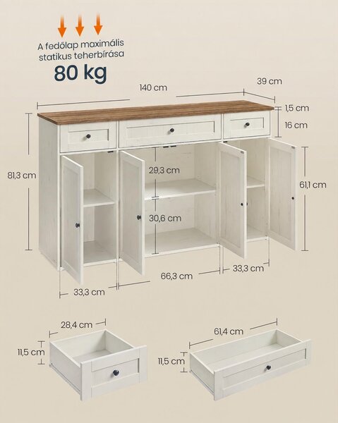 SONGMICS HOME HOPU tálalószekrény, 140 cm, antik fehér–mézbarna