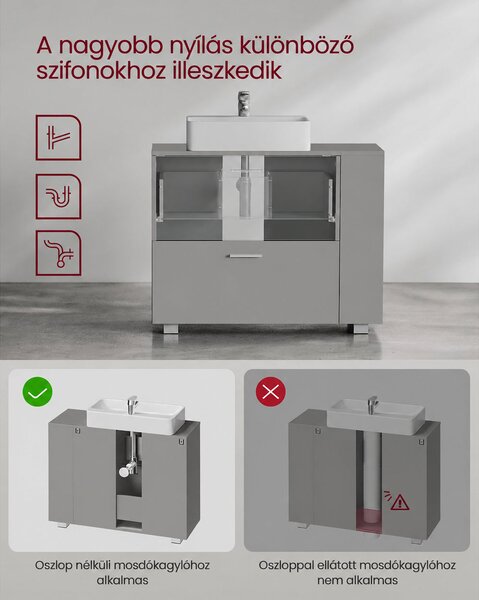 VASAGLE mosdó alatti szekrény 2 fiókkal, 80 cm, galambszürke
