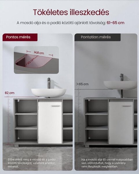 VASAGLE mosdó alatti szekrény, 90 cm, fehér–szürke
