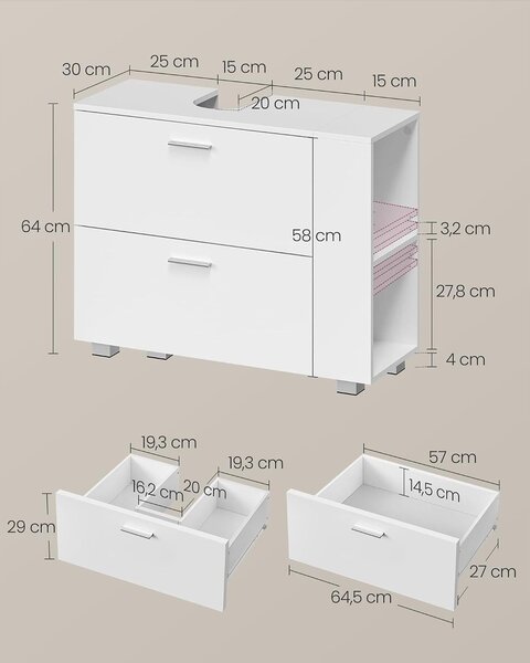 VASAGLE mosdó alatti szekrény 2 fiókkal, 80 cm, felhőfehér