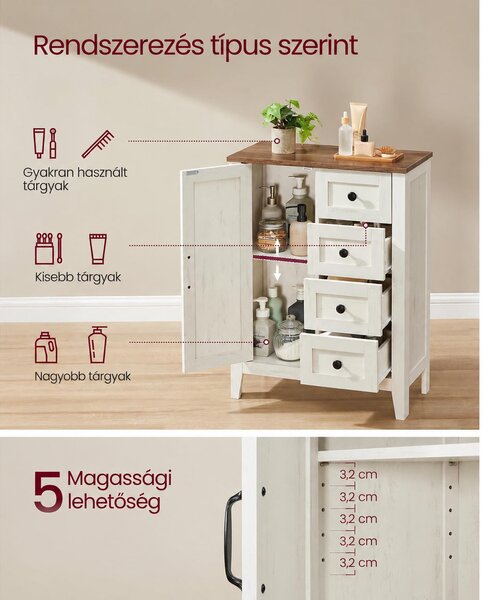 VASAGLE LIRY tárolószekrény 4 fiókkal, rusztikus fehér
