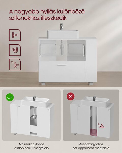 VASAGLE mosdó alatti szekrény 2 fiókkal, 80 cm, felhőfehér