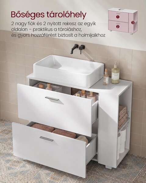 VASAGLE mosdó alatti szekrény 2 fiókkal, 80 cm, felhőfehér