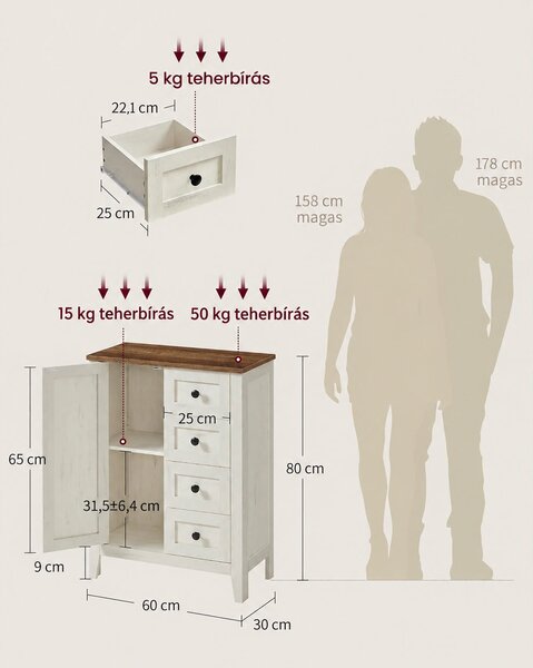 VASAGLE LIRY tárolószekrény 4 fiókkal, rusztikus fehér