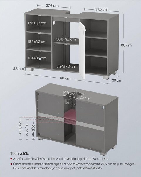 VASAGLE mosdó alatti szekrény, 90 cm, fehér–szürke