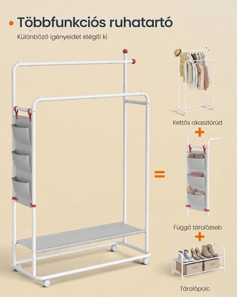 SONGMICS HOME ZINA gurulós ruhaállvány, 2 rúddal, fehér