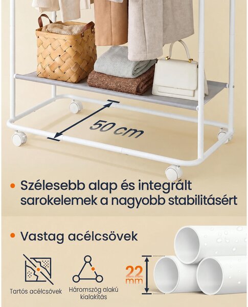 SONGMICS HOME ZINA gurulós ruhaállvány, 2 rúddal, fehér