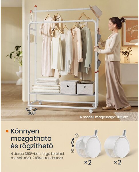 SONGMICS HOME ZINA gurulós ruhaállvány, 2 rúddal, fehér