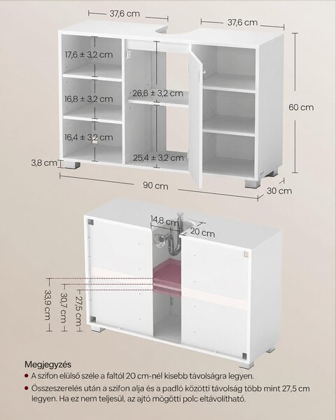 VASAGLE mosdó alatti szekrény, 90 cm, felhőfehér