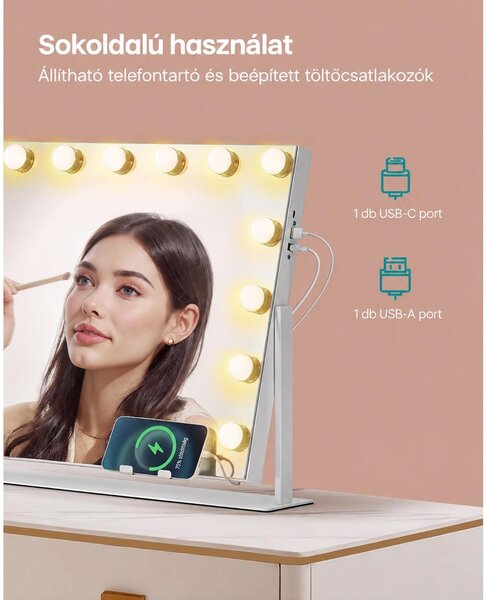 LED sminktükör világítással, 58 × 43 cm, 15 LED-del, 10× nagyítással, fehér